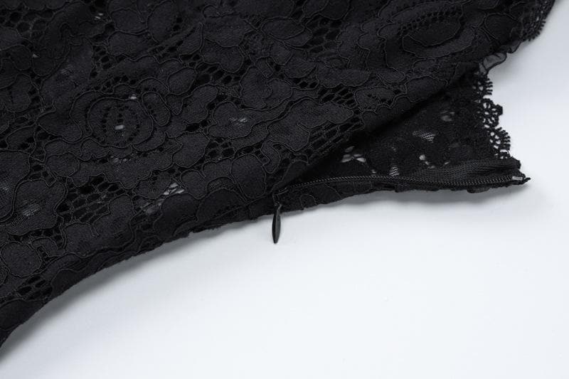 Backless v neck lace see through zip-up solid mini dress