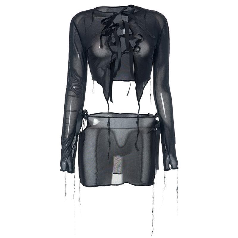 Sheer mesh see through self tie long sleeve solid mini skirt set