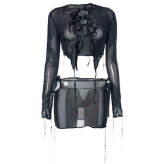 Sheer mesh see through self tie long sleeve solid mini skirt set