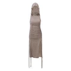 Drawstring hoodie sleeveless solid slit high neck midi dress