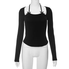 Bowknot long sleeve halter solid patchwork top