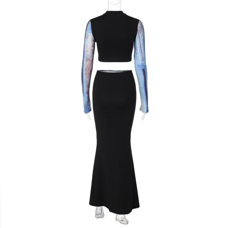 Contrast body print long sleeve high neck patchwork maxi skirt set