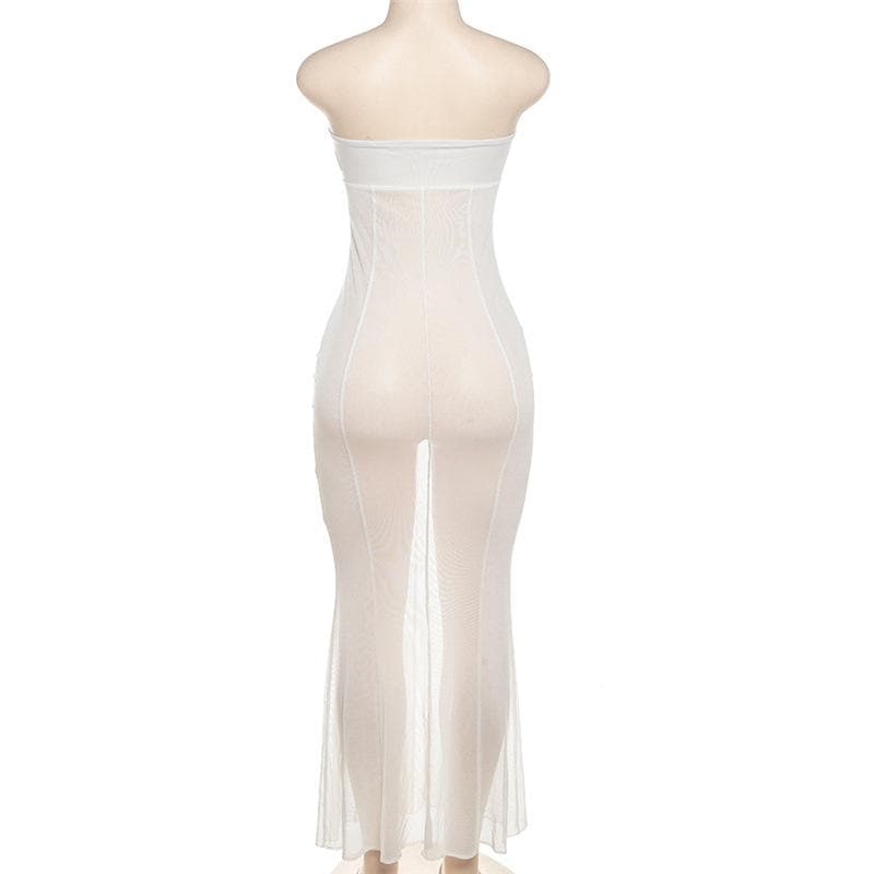 Mesh see through o ring hollow out backless tube maxi dress