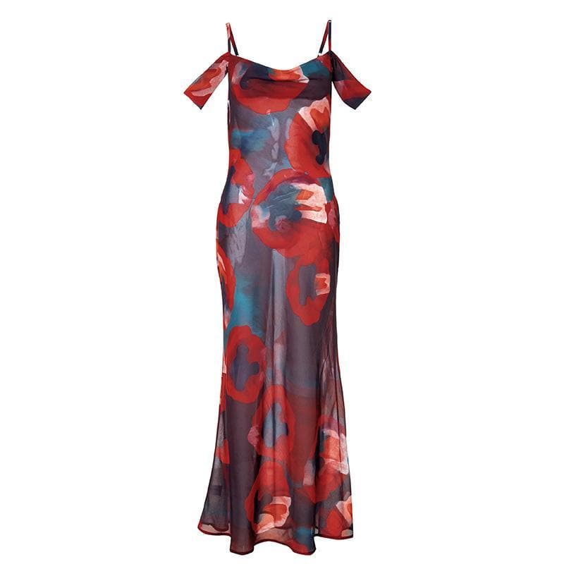 Off shoulder see through chiffon print maxi dress