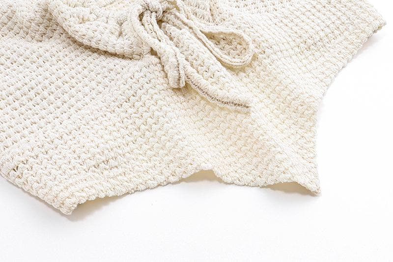 Textured drawstring square neck solid hollow out cami cut out top