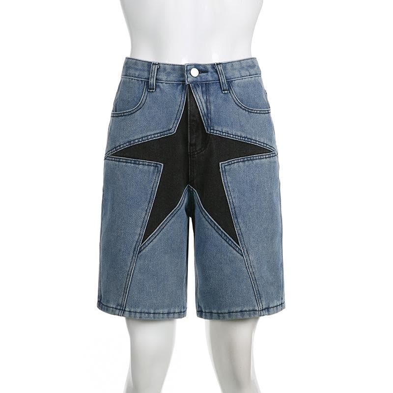 Star patchwork stitch contrast denim shorts