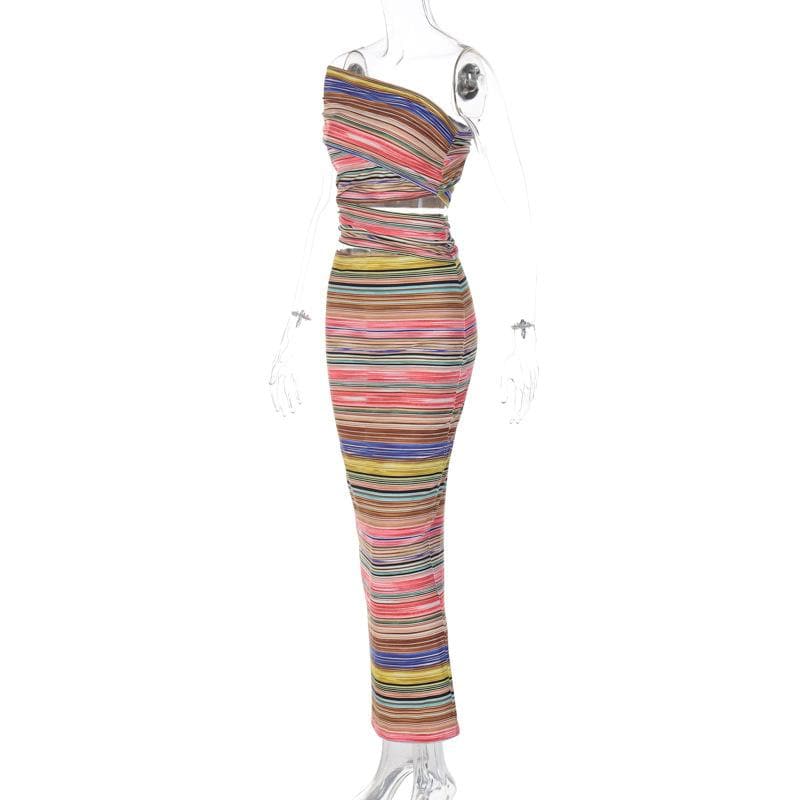 One shoulder contrast striped hollow out slit maxi dress