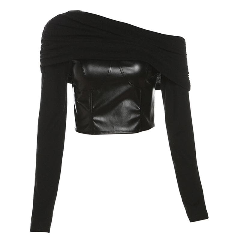 Off shoulder ruched patchwork PU leather long sleeve crop top