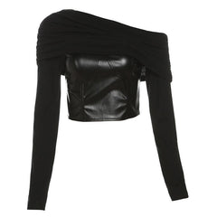 Off shoulder ruched patchwork PU leather long sleeve crop top