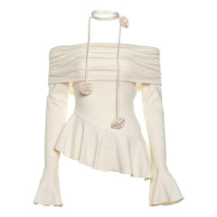Off shoulder ruffle flower applique long flared sleeve ruched top