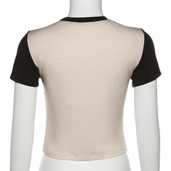 Short sleeve patchwork crewneck contrast crop top