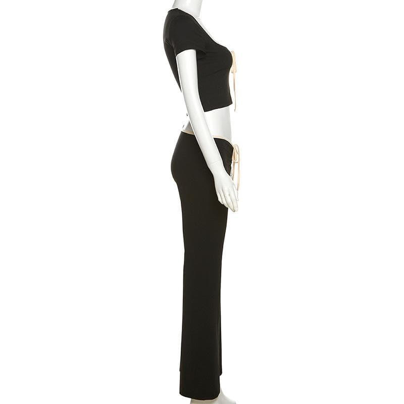 Contrast self tie v neck short sleeve low rise pant set
