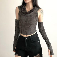 Textured off shoulder hoodie gloves cowl neck crop top
