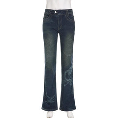 Abstract contrast low rise flared jeans