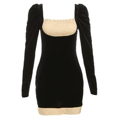 Smocked patchwork ruched contrast long sleeve velvet mini dress