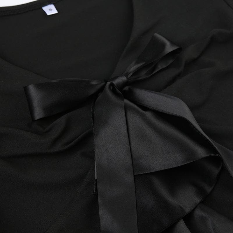 Patchwork solid long sleeve bowknot v neck top