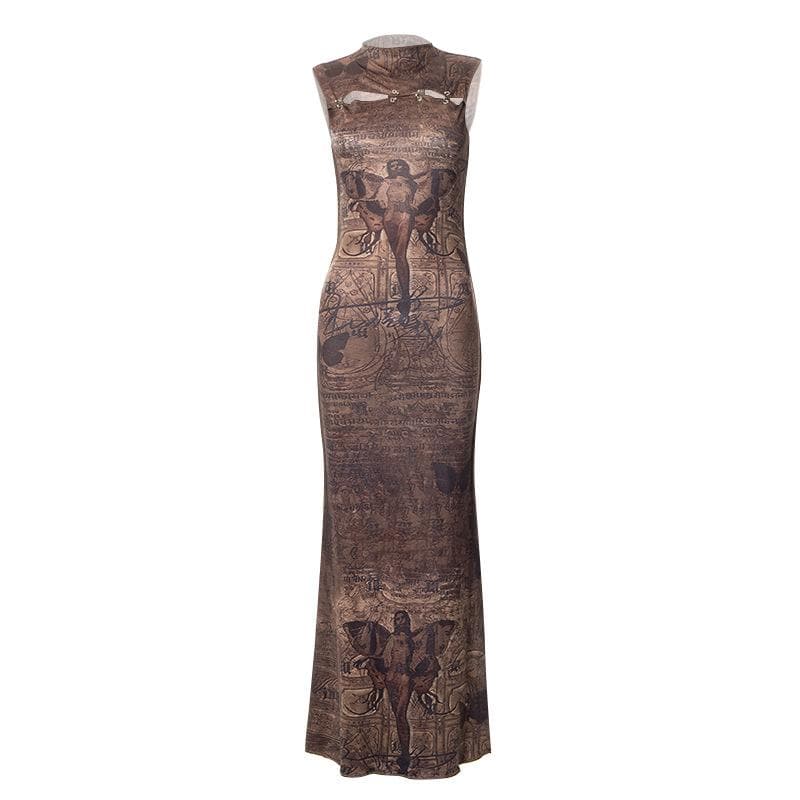 Abstract print hollow out stitch sleeveless midi dress