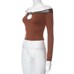 Buckle PU leather patchwork off shoulder contrast long sleeve top