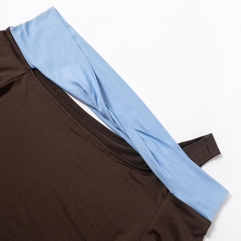 Patchwork long sleeve irregular off shoulder contrast top