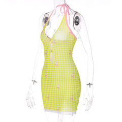 Sheer mesh plaid contrast print halter ruffle backless mini dress