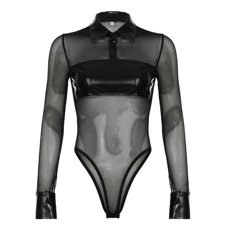 Button turnover collar mesh long flared sleeve PU leather bodysuit