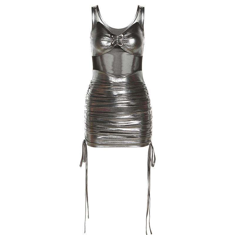 Mesh v neck drawstring buckle ruched metal mini dress