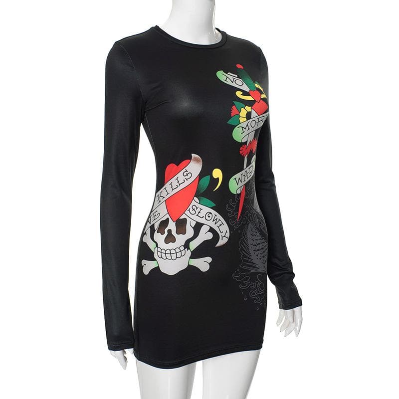 Abstract contrast long sleeve crewneck mini dress