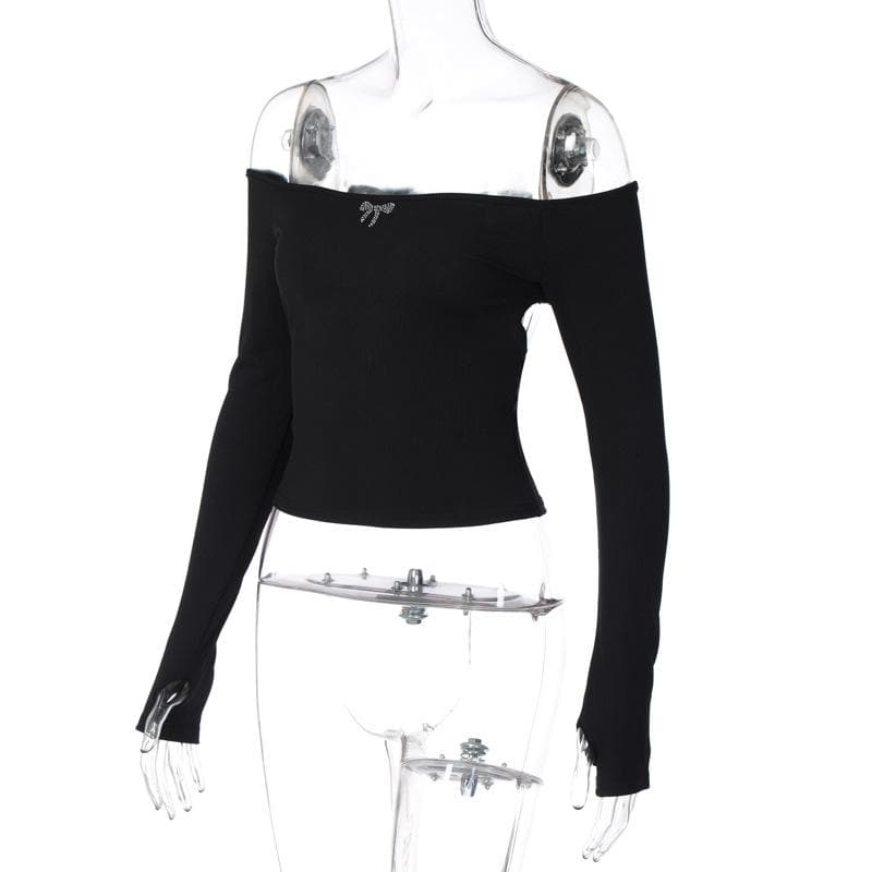 Off shoulder long sleeve gloves solid hollow out cut out top