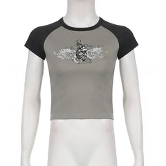 Short sleeve abstract patchwork contrast top