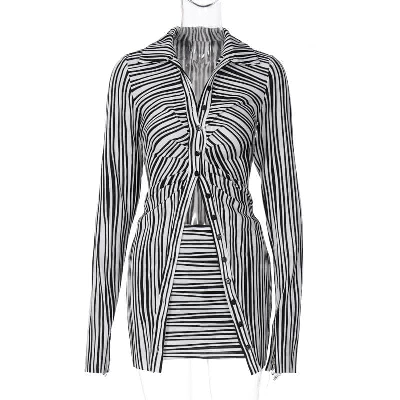 Striped contrast turnover collar button ruched slit long sleeve mini skirt set