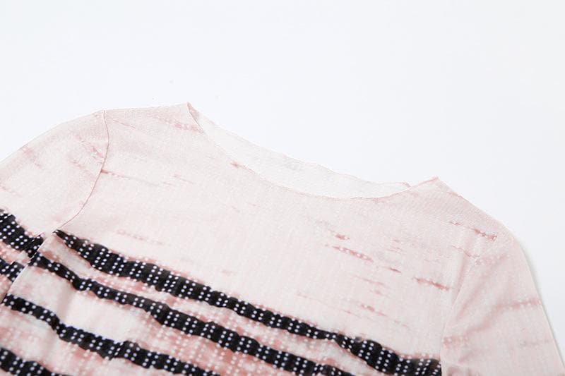Sheer mesh striped see through long sleeve contrast pant set