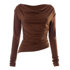 Cowl neck long sleeve solid off shoulder ruched top