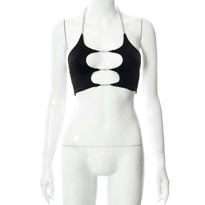 Metal chain hollow out solid crop halter cut out top