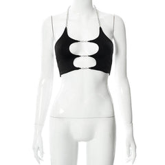 Metal chain hollow out solid crop halter cut out top