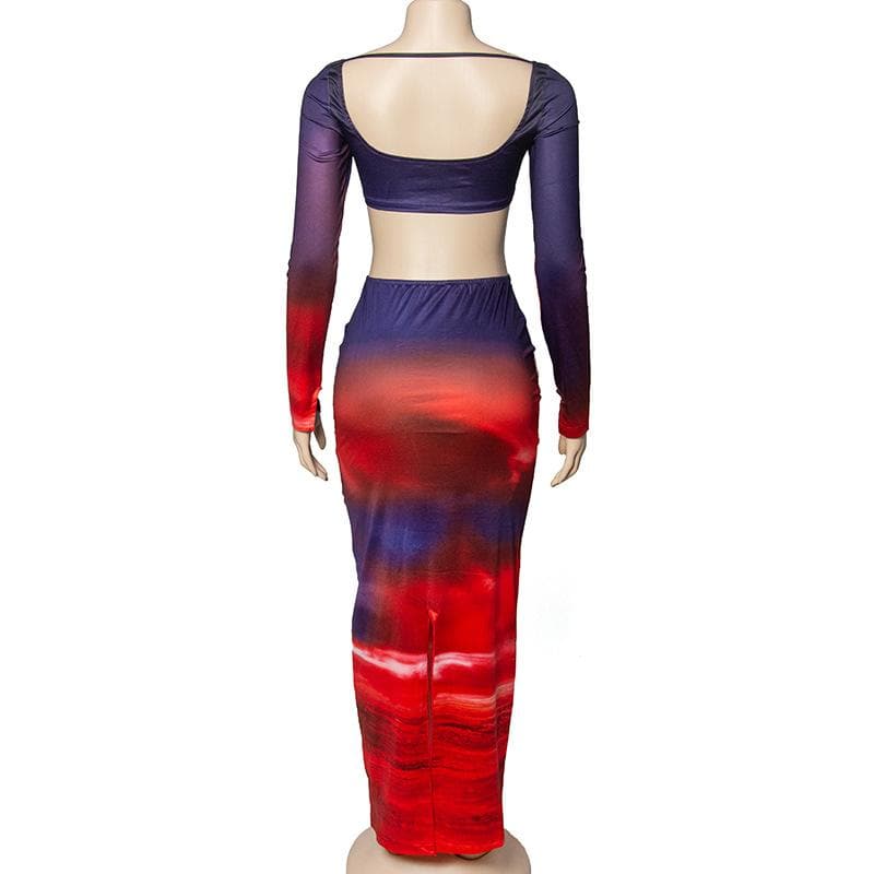 Drawstring contrast long sleeve low cut slit maxi skirt set