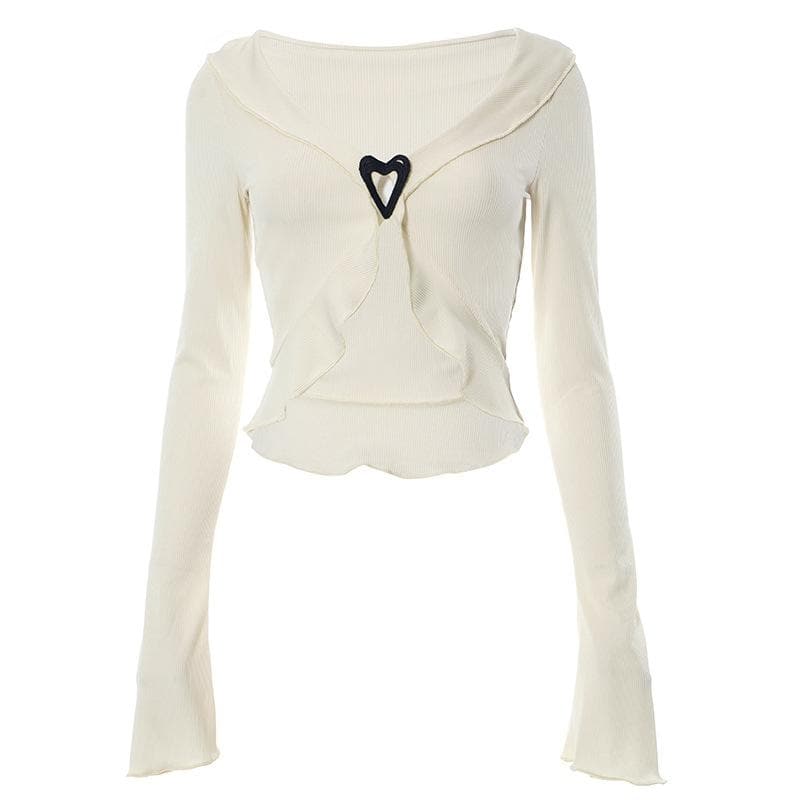 Ribbed flared sleeve heart applique ruffle v neck crop top