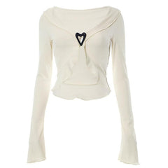 Ribbed flared sleeve heart applique ruffle v neck crop top