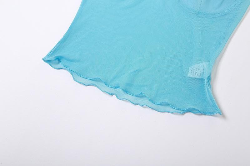 Sweetheart neck mesh bowknot backless ruffle lace hem cami top