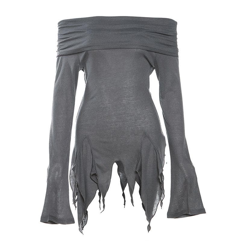 Off shoulder long sleeve irregular ruched solid top