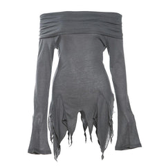 Off shoulder long sleeve irregular ruched solid top