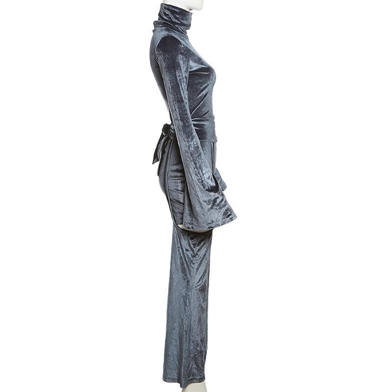 Velvet turtle neck solid long flared sleeve self tie pant set