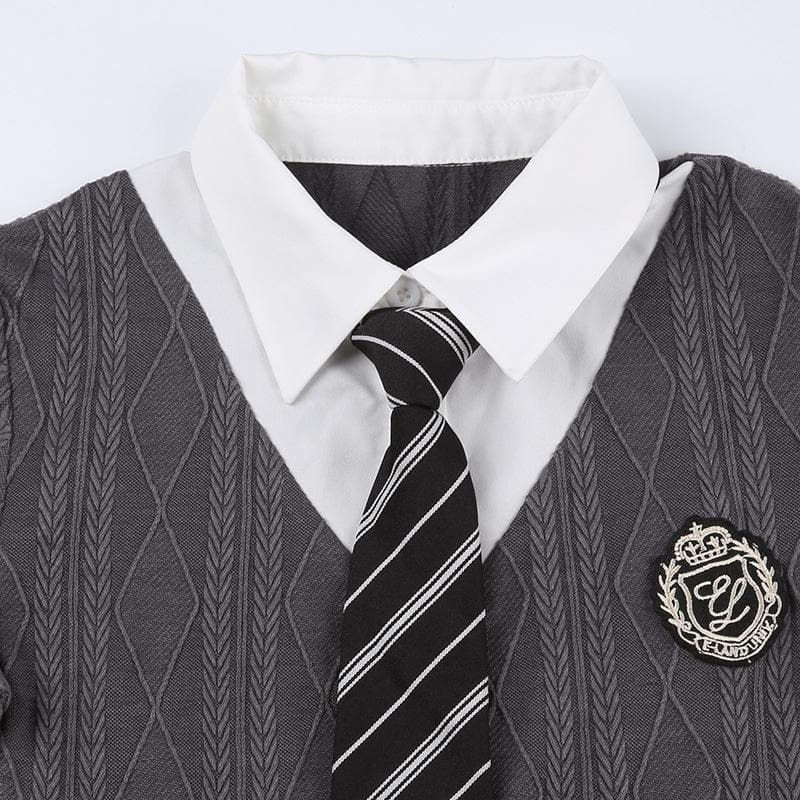 Textured short sleeve patchwork necktie turnover collar crop top