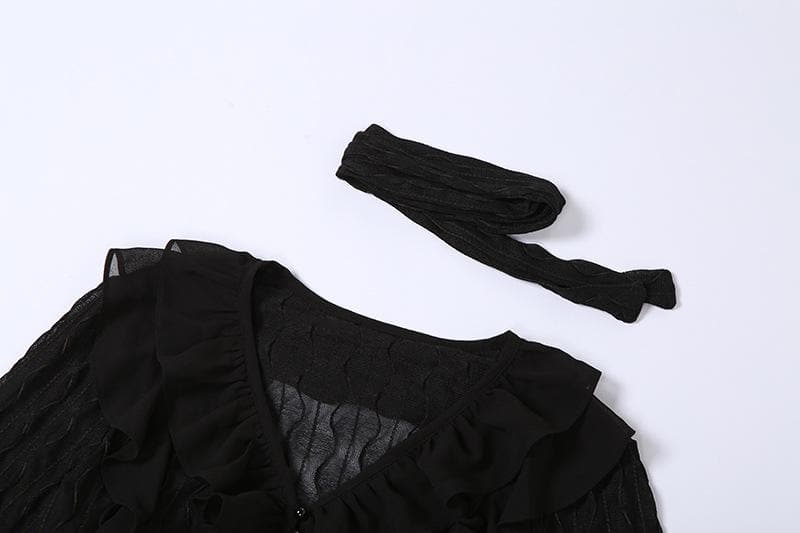 Textured solid long sleeve halter v neck ruffle flared sleeve crop top