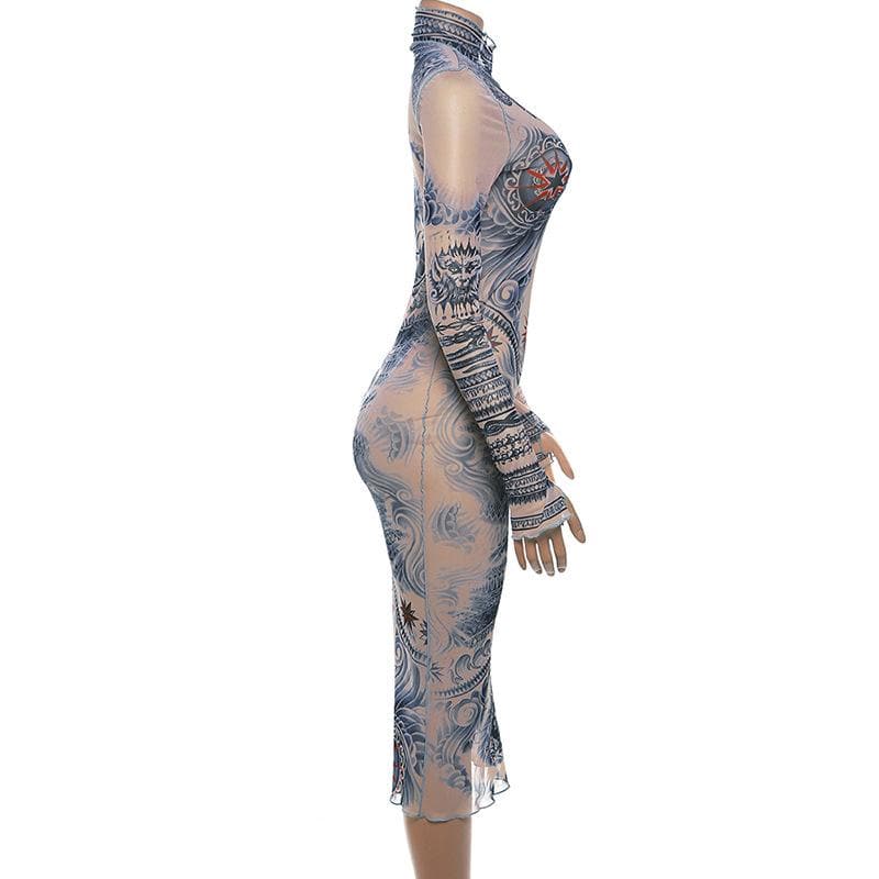 Sheer mesh see through abstract contrast print long sleeve gloves midi dress