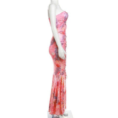 Lace up flower print contrast backless tube maxi dress