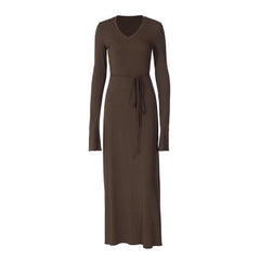 Self tie solid long sleeve v neck ruffle maxi dress