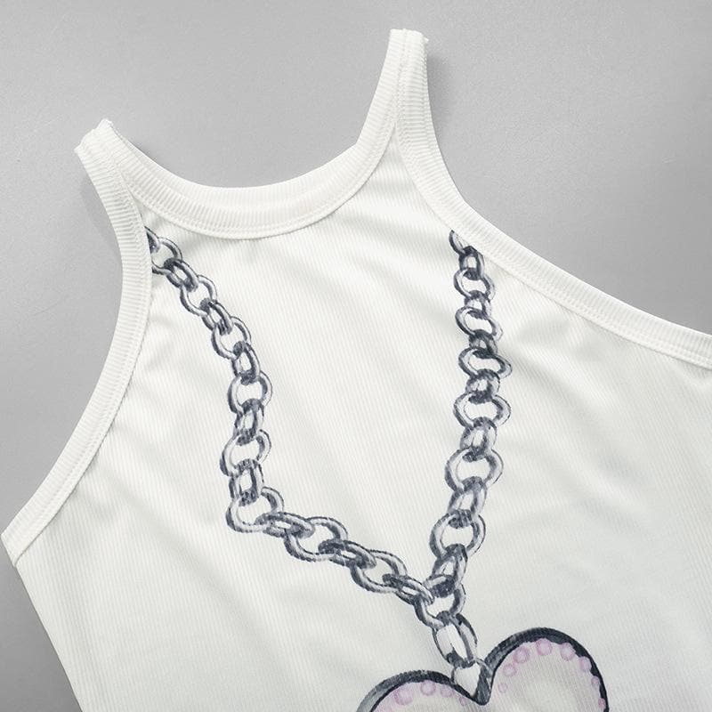 Ribbed crewneck heart pattern sleeveless tank top