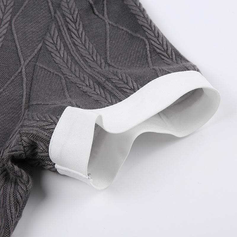 Textured short sleeve patchwork necktie turnover collar crop top
