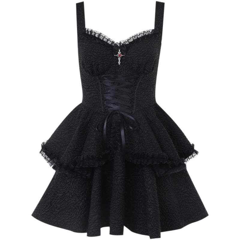 Backless lace up zip-up textured solid lace hem mini dress
