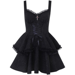 Backless lace up zip-up textured solid lace hem mini dress
